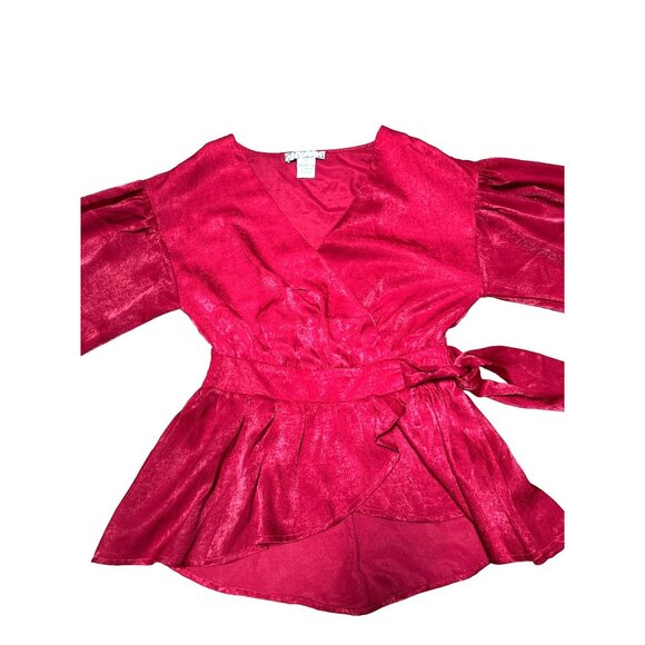 A Calin Red Wrap Blouse Small Flying Tomato Tie Waist Puff Sleeve Peplum Top Sm - Picture 7 of 10